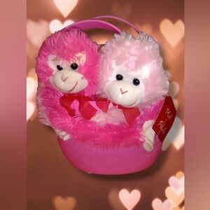 "Plush Peluche" Valentine's Day Pink Plush Hugging/Hanging Monkeys in a Basket